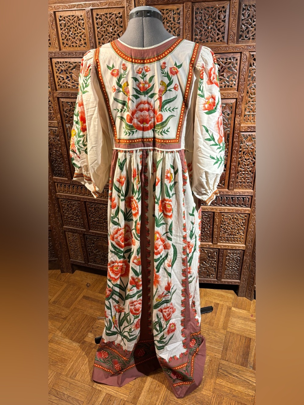 Farm Rio Floral Print Maxi Dress - Cream with Brown, Red & Green